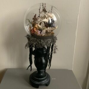 Custom hand crafted real skull, crystal,floral and butterfly globe